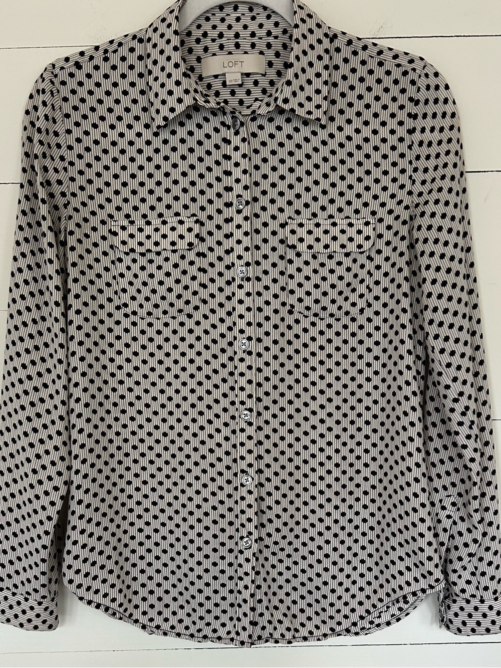 LOFT Black and White Polka Dot Button-Down Shirt, Size XS